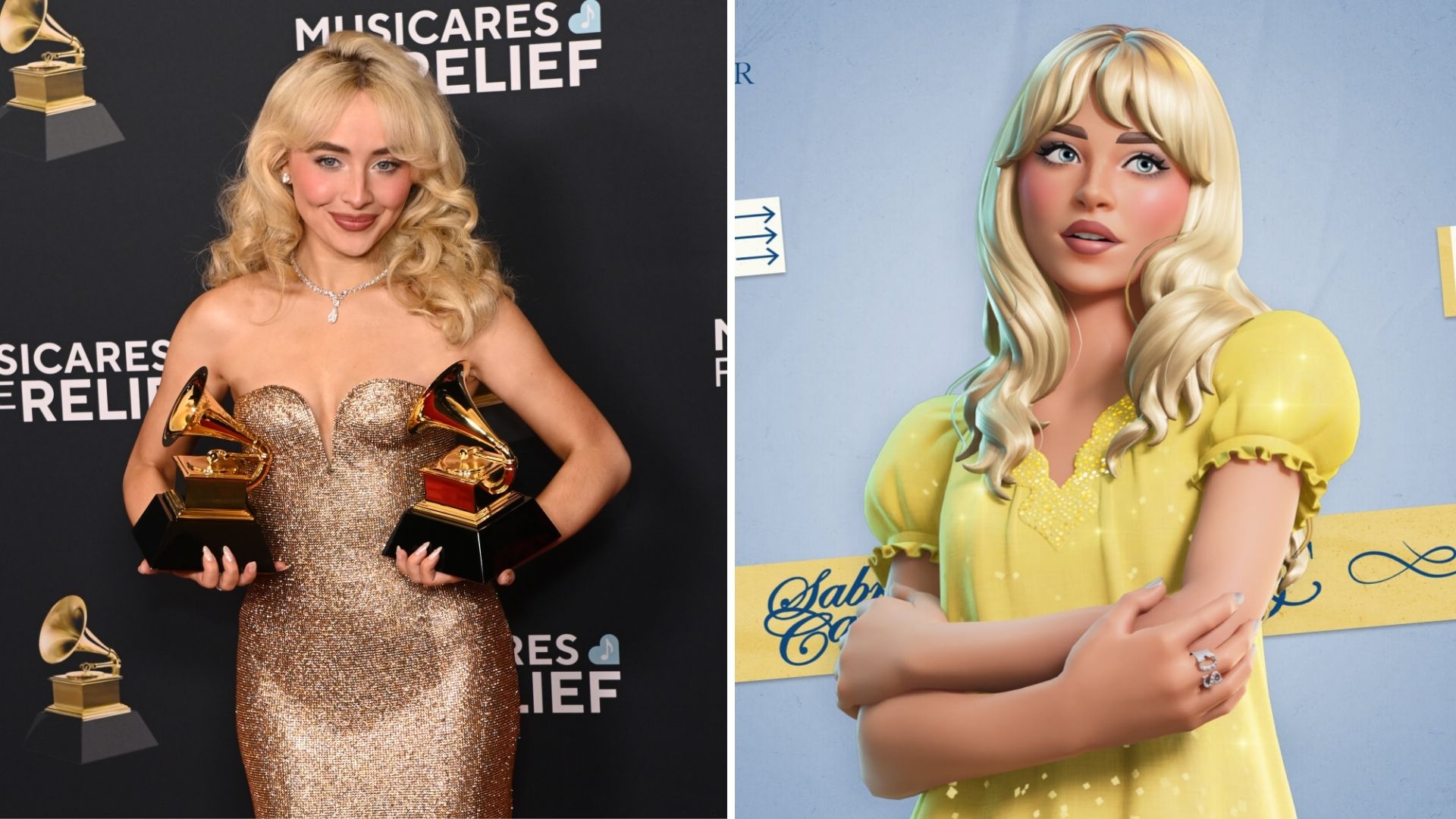 Sabrina Carpenter no Fortnite (Foto: Jon Kopaloff/WireImage e Divulgação)