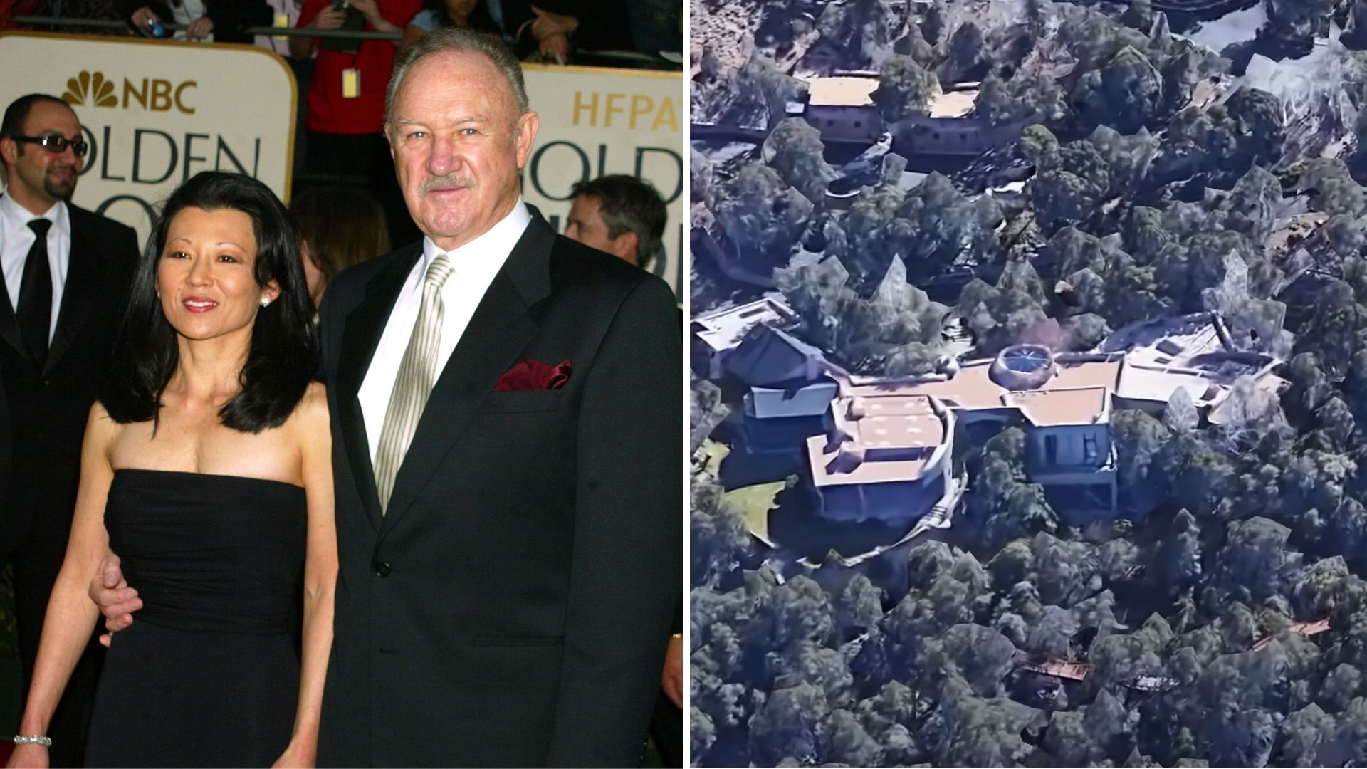 Betsy Arakawa e Gene Hackman viviam em uma casa no Novo México, Estados Unidos (Foto: Jeffrey Mayer/WireImage e Reprodução/Google Earth)