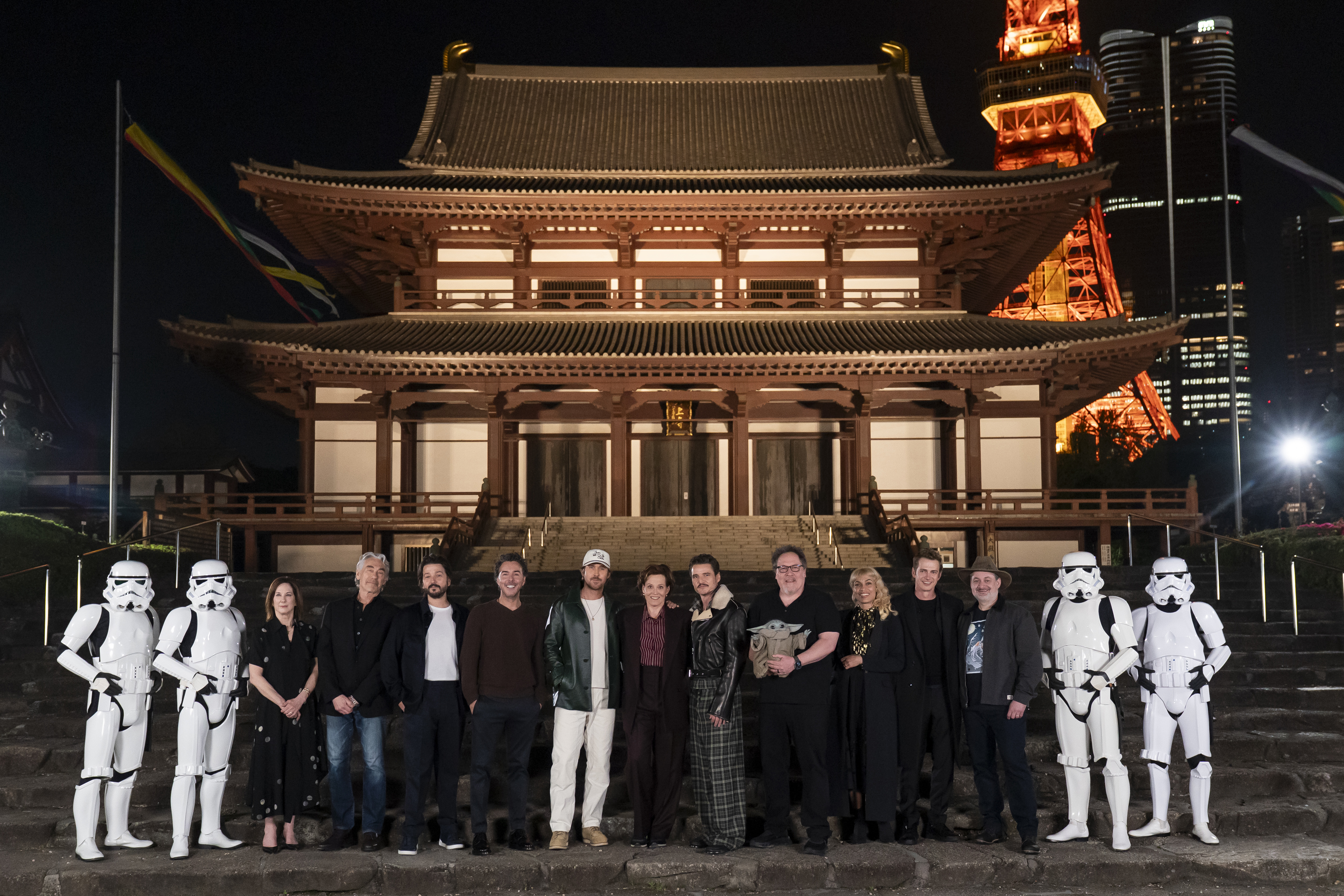 TOKYO, JAPAN - APRIL 18: Kathleen Kennedy, Tony Gilroy, Diego Luna, Shawn Levy, Ryan Gosling, Sigourney Weaver, Pedro Pascal, Jon Favreau, Rosario Dawson, Hayden Christensen and Dave Filoni pose for a photo at Star Wars Celebration Japan 2025 in Special Photoshoot at Zojoji-temple on April 18, 2025 in Tokyo, Japan. (Photo by Tomohiro Ohsumi/Getty Images for Disney)