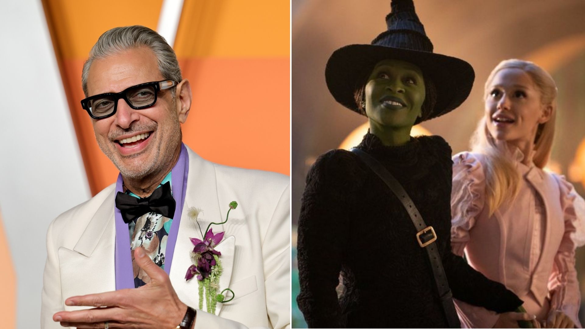 Jeff Goldblum; Cynthia Erivo e Ariana Grande em Wicked (Foto: Dia Dipasupil/FilmMagic; Reprodução)