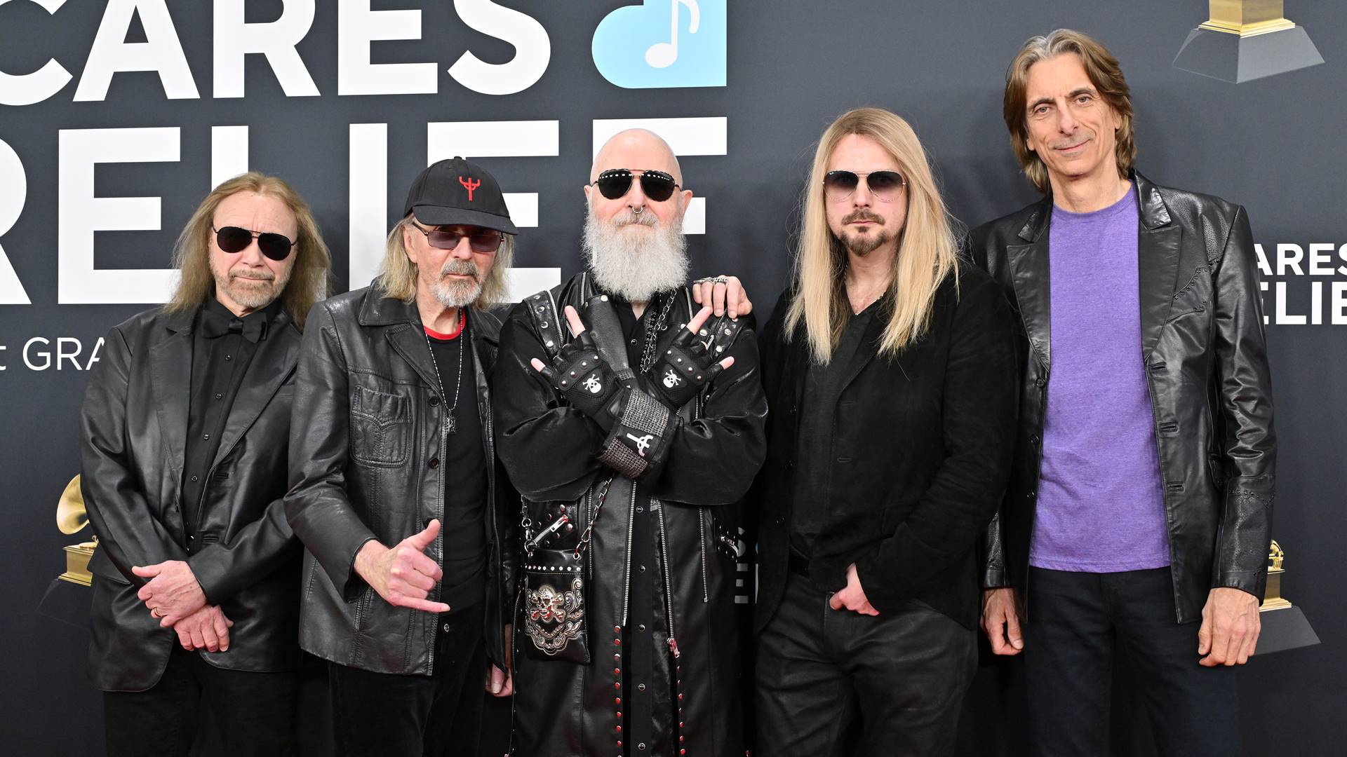 Judas Priest no Grammy 2025 (E-D): Ian Hill, Glenn Tipton, Richie Faulkner Rob Halford e Scott Travis