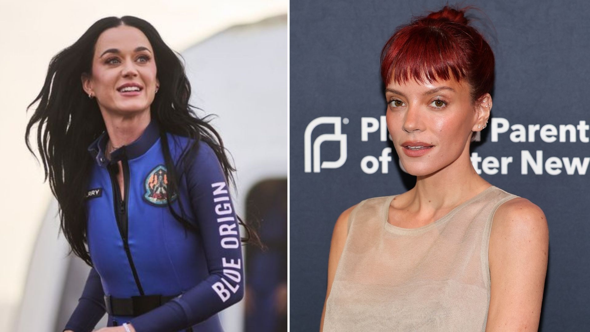 Katy Perry e Lily Allen (Foto: Blue Origin e Dia Dipasupil/Getty Images)