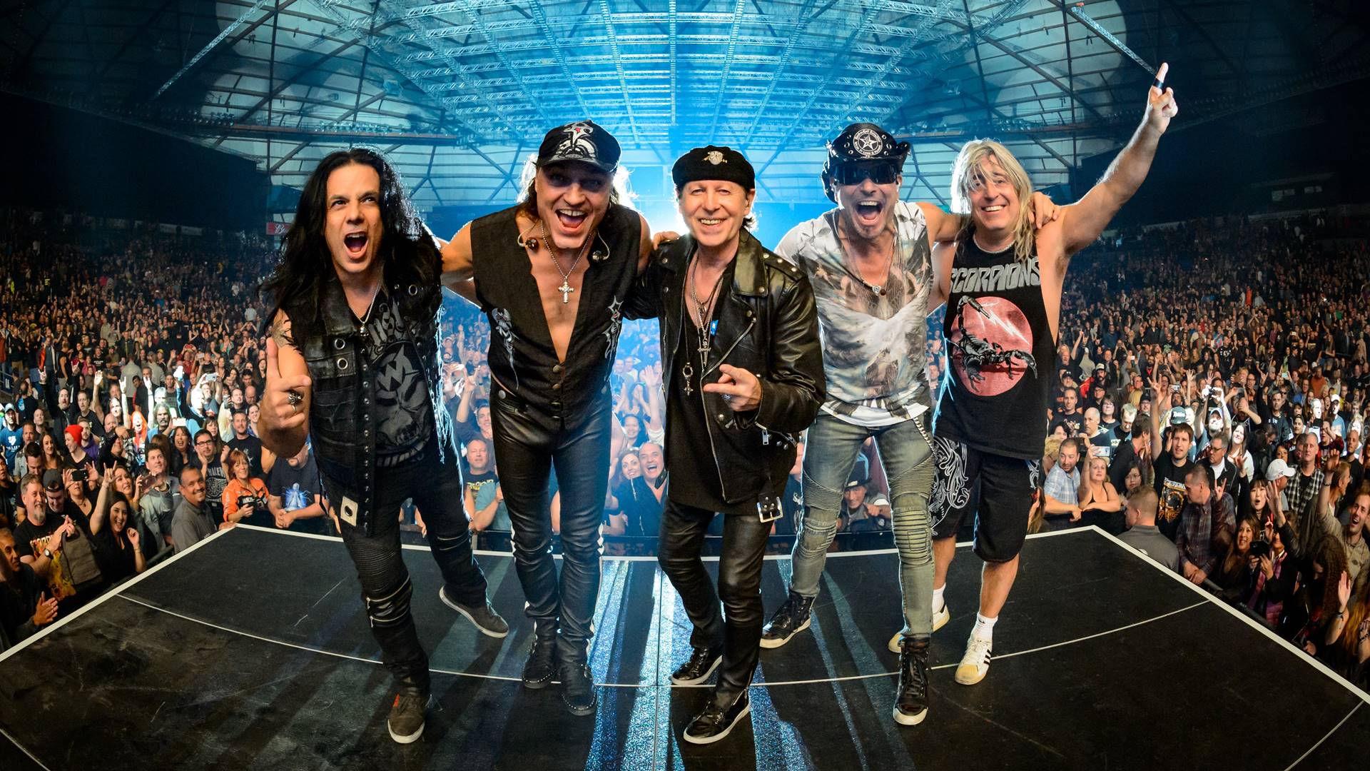 Scorpions (E-D): Pawel Maciwoda, Matthias Jabs, Klaus Meine, Rudolf Schenker e Mikkey Dee - Foto: divulgação / Mercury Concerts