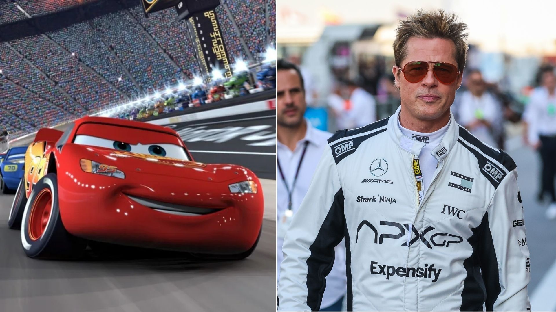 Relâmpago McQueen, de Carros, e Brad Pitt no set de F1 (Foto: Divulgação e Kym Illman/Getty Images)