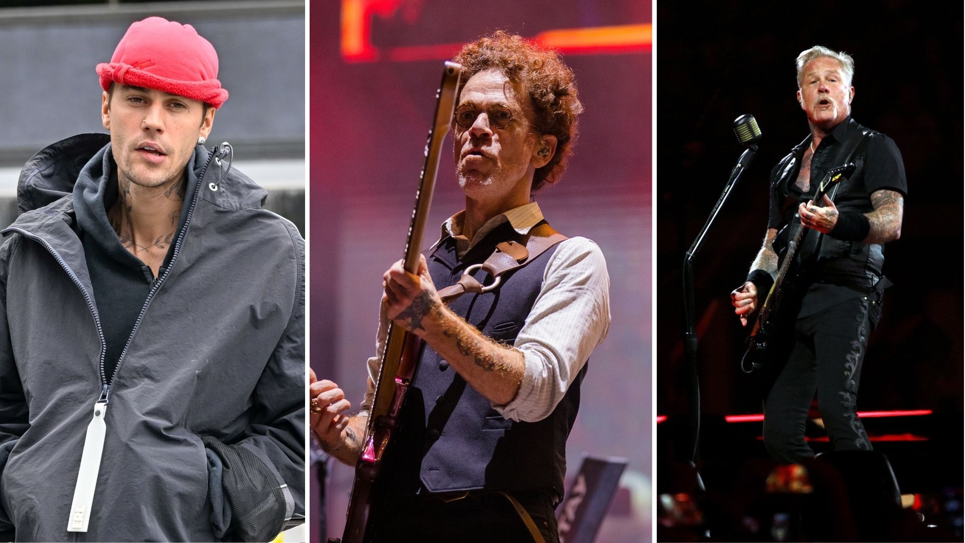 Justin Bieber, Nando Reis e James Hetfield (Foto: Bauer-Griffin/GC Images; Mauricio Santana/Getty Images; Jeremychanphotography/Getty Images)