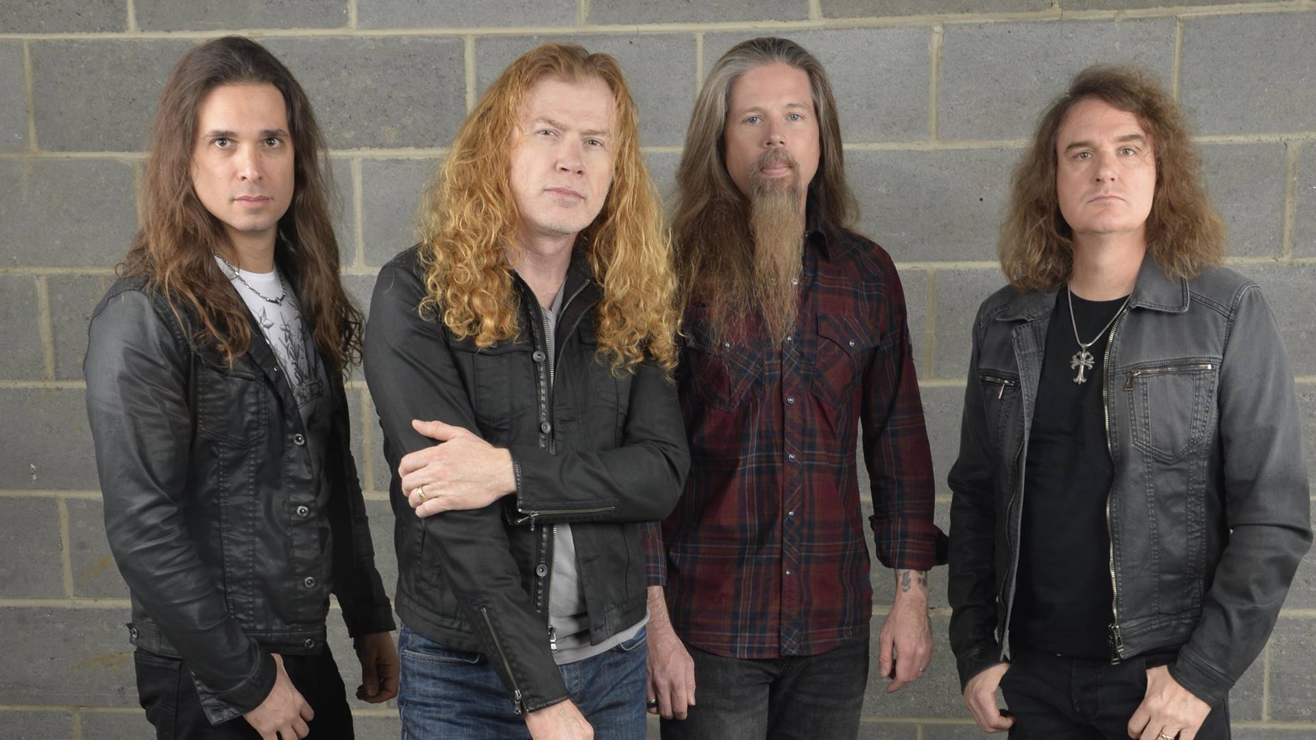 Megadeth em 2015 (E-D): Kiko Loureiro, Dave Mustaine, Chris Adler, David Ellefson