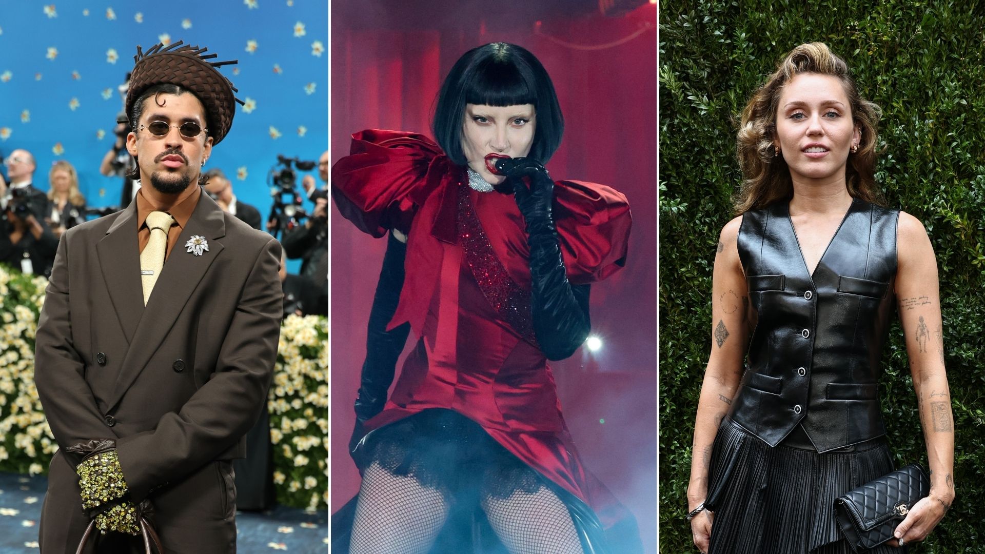 Bad Bunny, Lady Gaga, Miley Cyrus (Foto: Dia Dipasupil/Getty Images; Kevin Mazur/WireImage; Jamie McCarthy/WireImage)