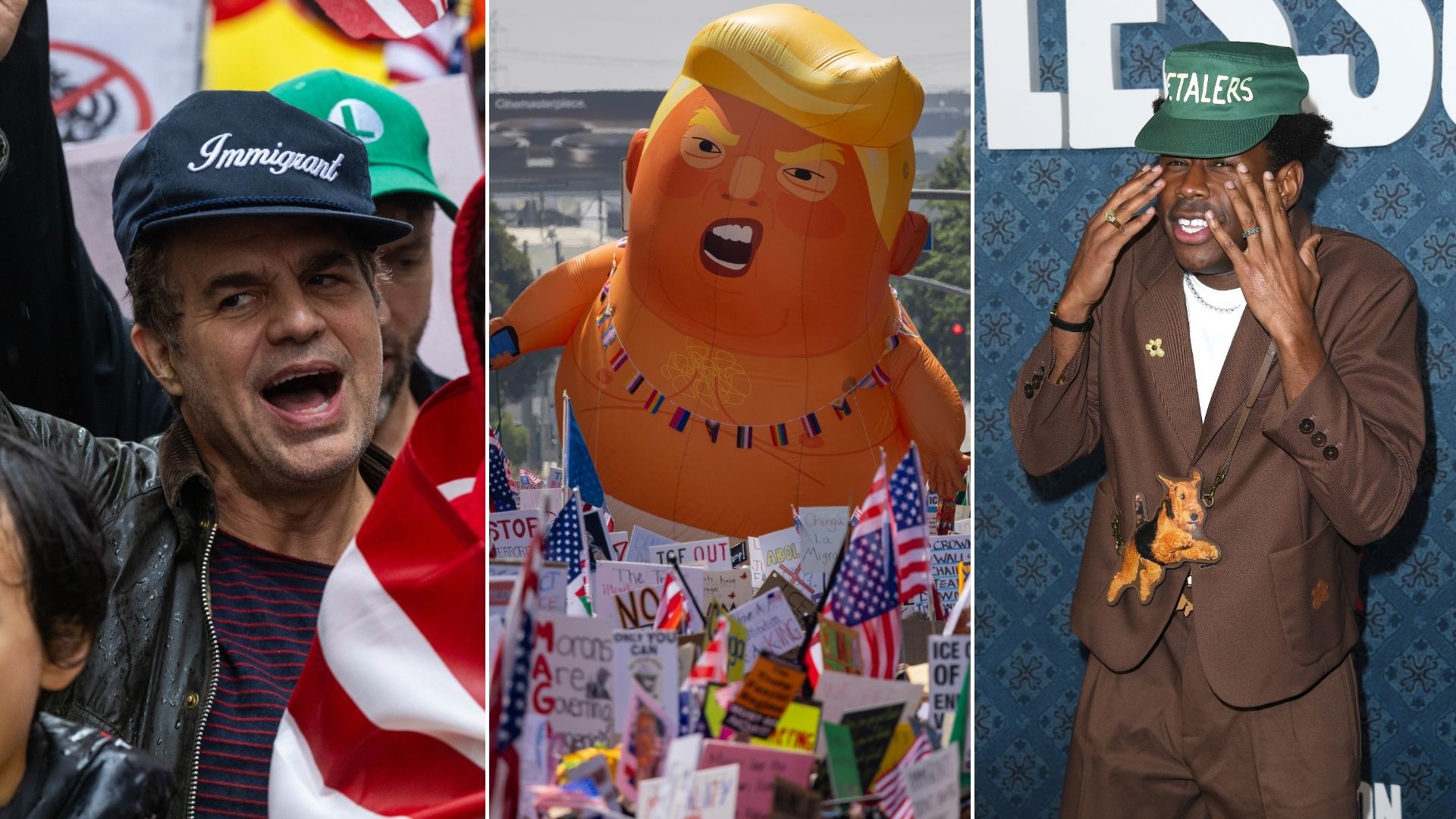Mark Ruffalo e Tyler, the Creator se posicionaram a favor de protestos contra Agência de Imigração (Foto: Alex Kent/Getty Images; David McNew/Getty Images; Tyler Steve Granitz/FilmMagic)