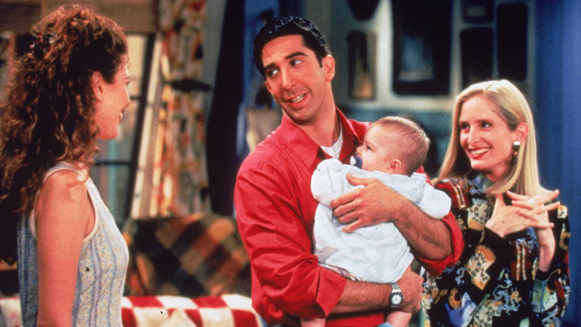 Cena de Friends em 1995 (E-D): Jessica Hecht, David Schwimmer e Jane Sibbett