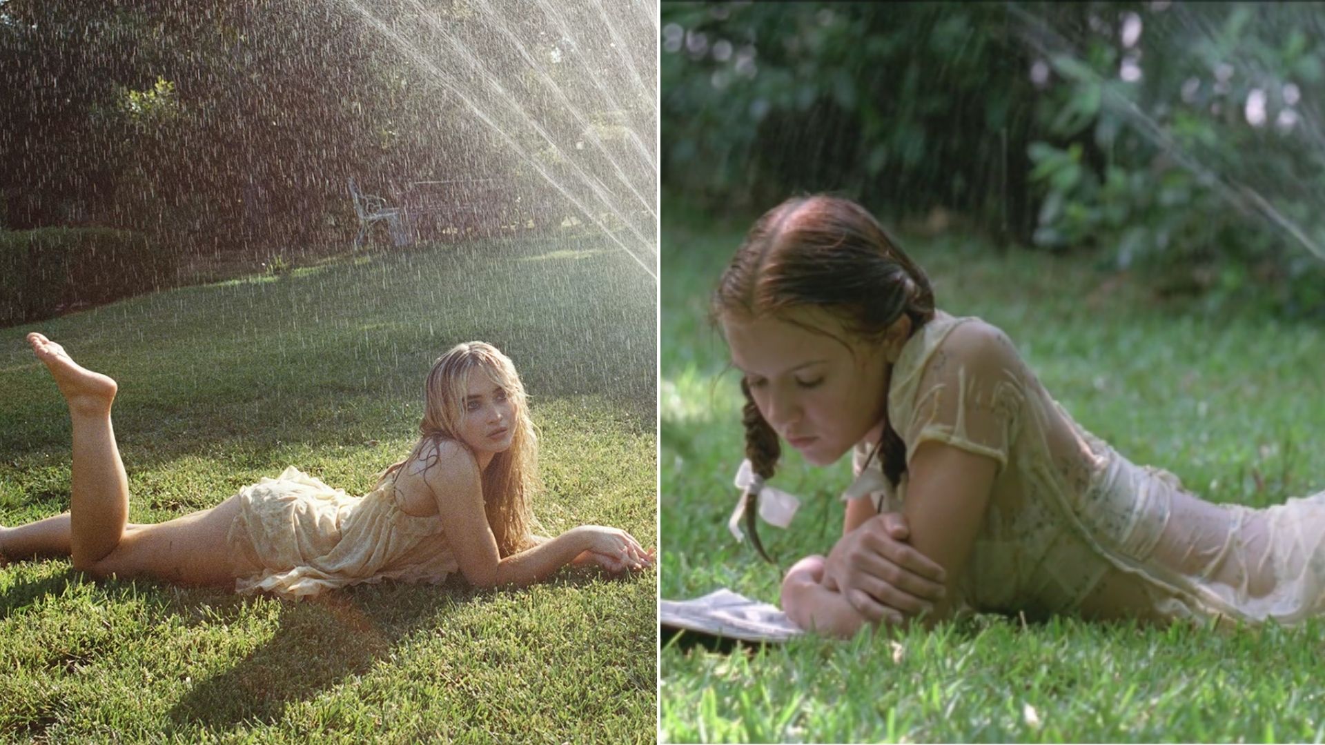 Foto de Sabrina Carpenter divulgada pela W Magazine e cena de Lolita (1997) (Foto: Reprodução)