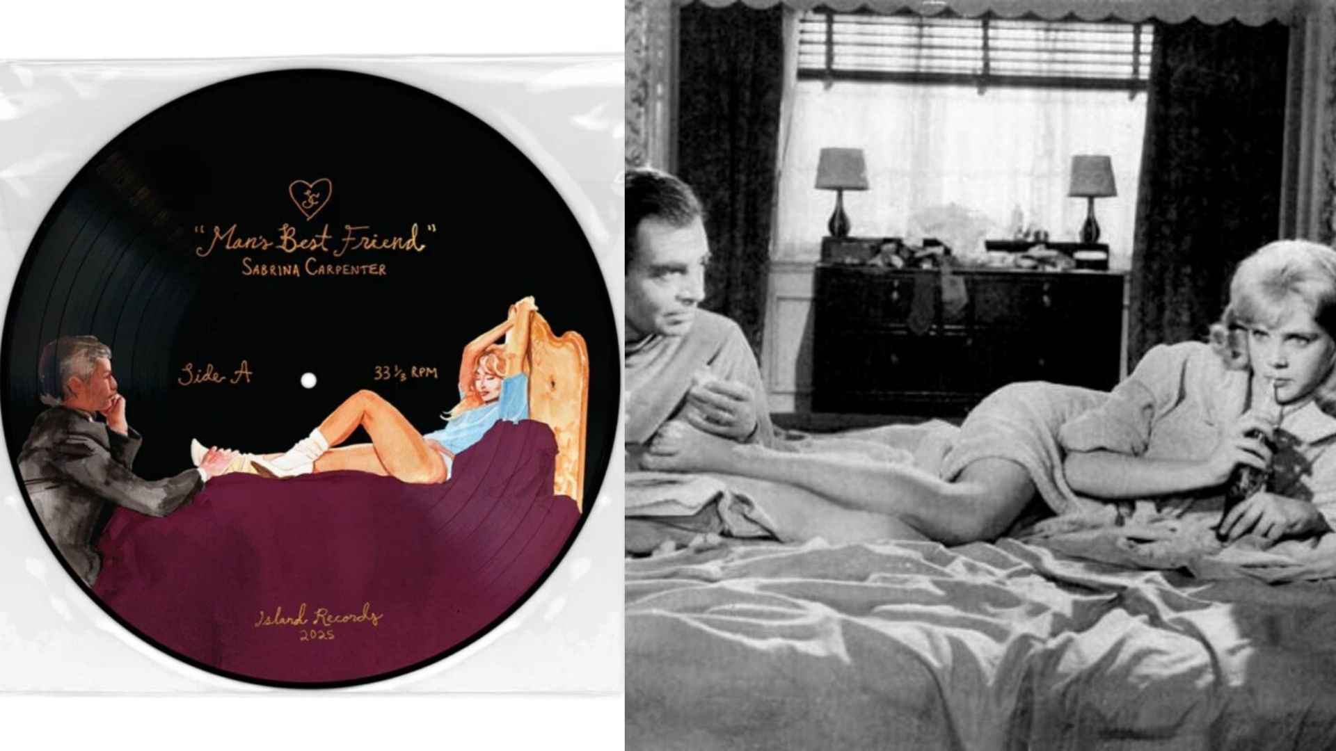 Arte do vinil de Sabrina Carpenter e cena de Lolita (1962) (Foto: Reprodução)