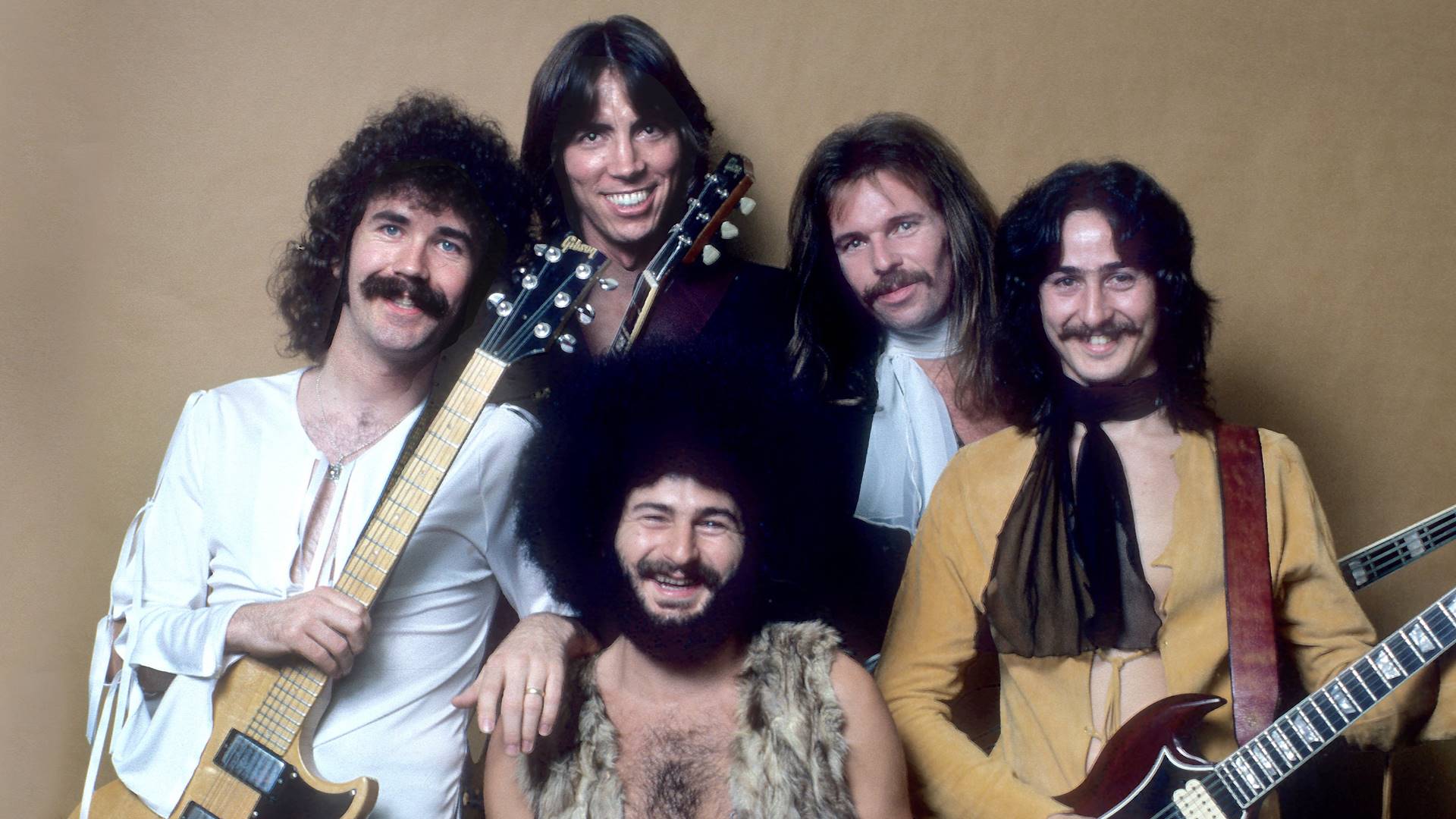 Boston em 1976 (E-D): Brad Delp, Tom Scholz, Sib Hashian, Fran Sheehan e Barry Goudreau
