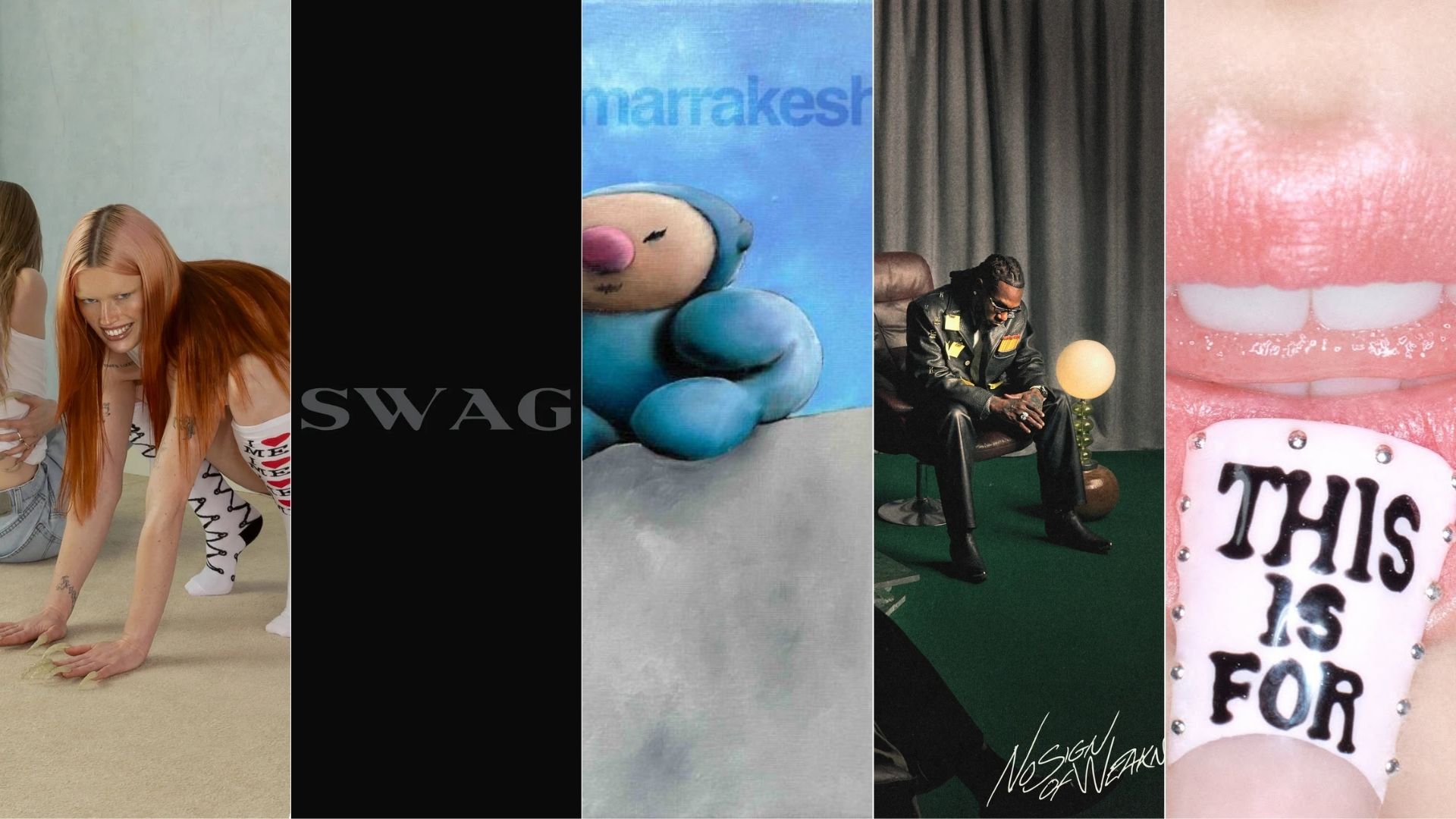 Capas de: Wet Leg, Justin Bieber, Marrakesh, Burna Boy e TWICE