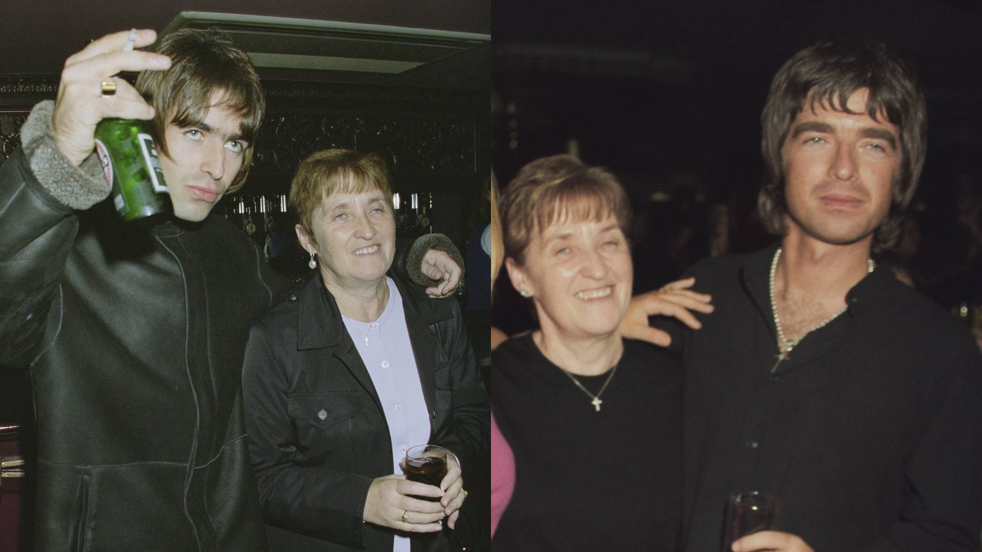 Peggy Gallagher com os filhos Liam (esq.) e Noel Gallagher (dir.), do Oasis, em 1998
