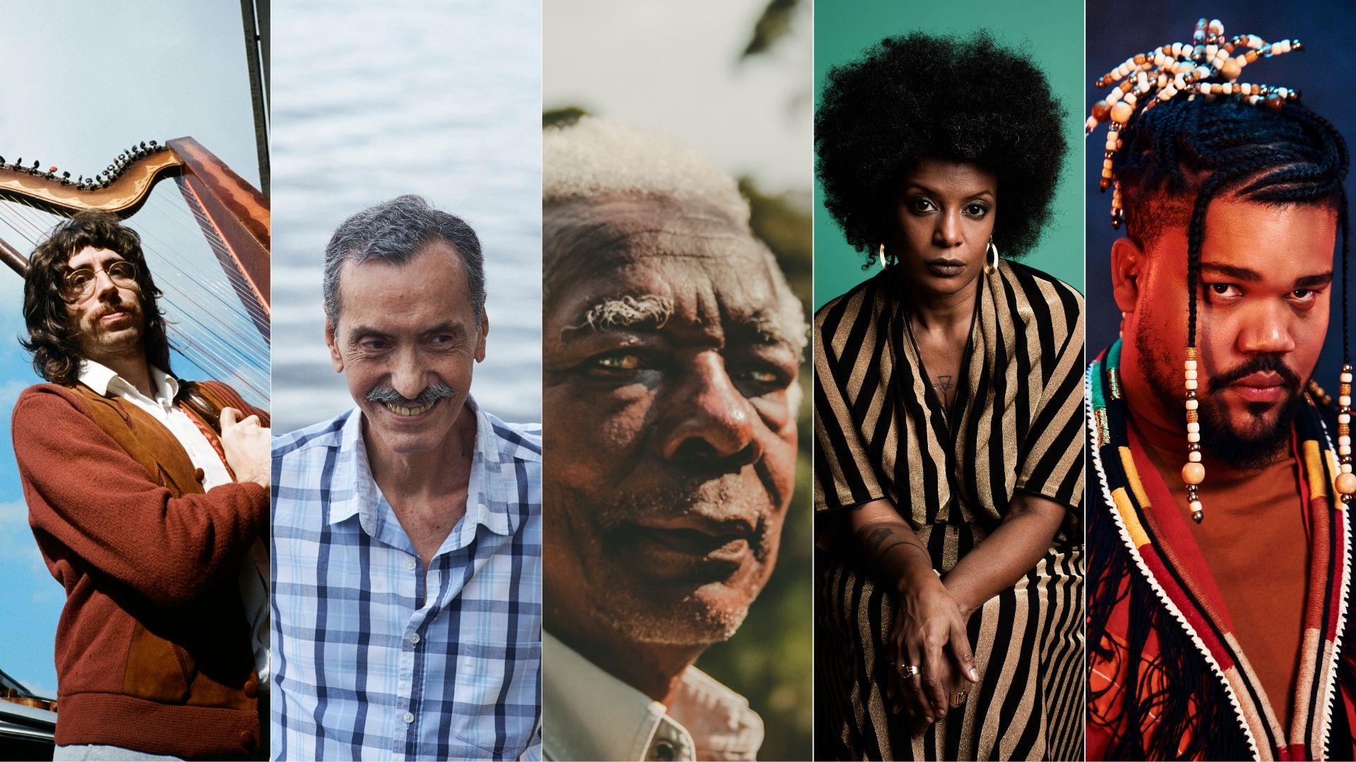 Da esq. à direita: Tim Bernardes, Arthur Verocai, Mateus Aleluia, Thalma de Freitas e Amaro Freitas