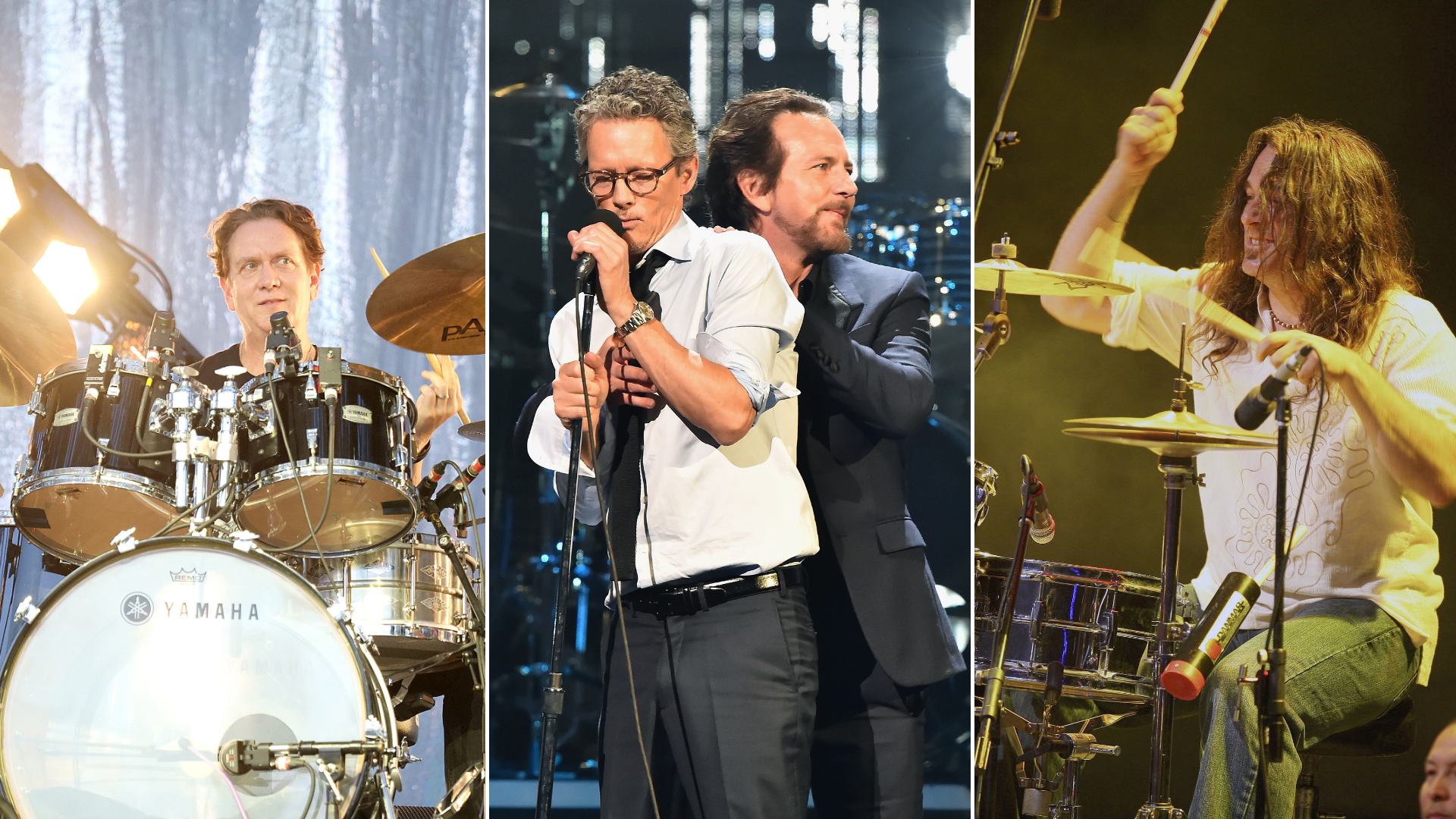 Matt Chamberlain; Eddie Vedder e Dave Krusen; Dave Abbruzzese (Foto: Gary Miller/Getty Images; Jeff Kravitz/FilmMagic; Ralph Notaro/Getty Images)