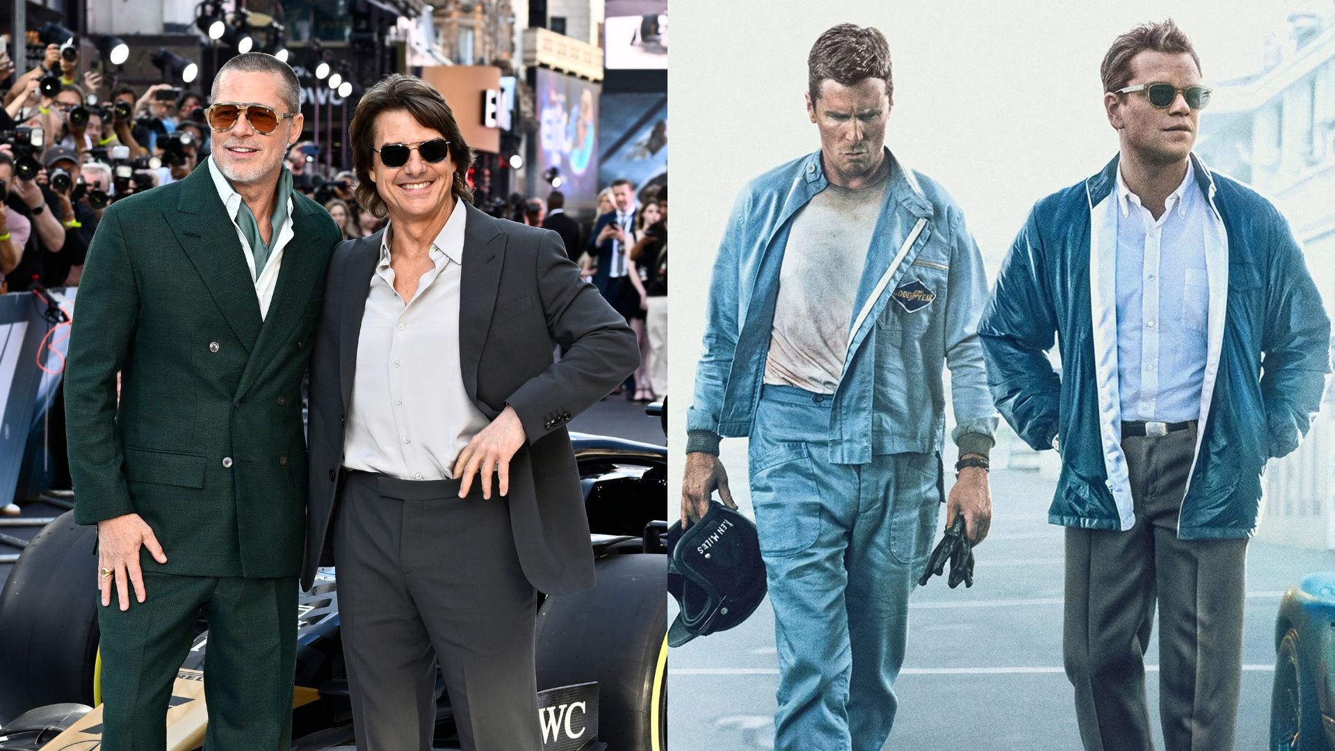 Brad Pitt e Tom Cruise na estreia europeia de F1 (2025) e Christian Bale e Matt Damon em Ford vs Ferrari (2019)