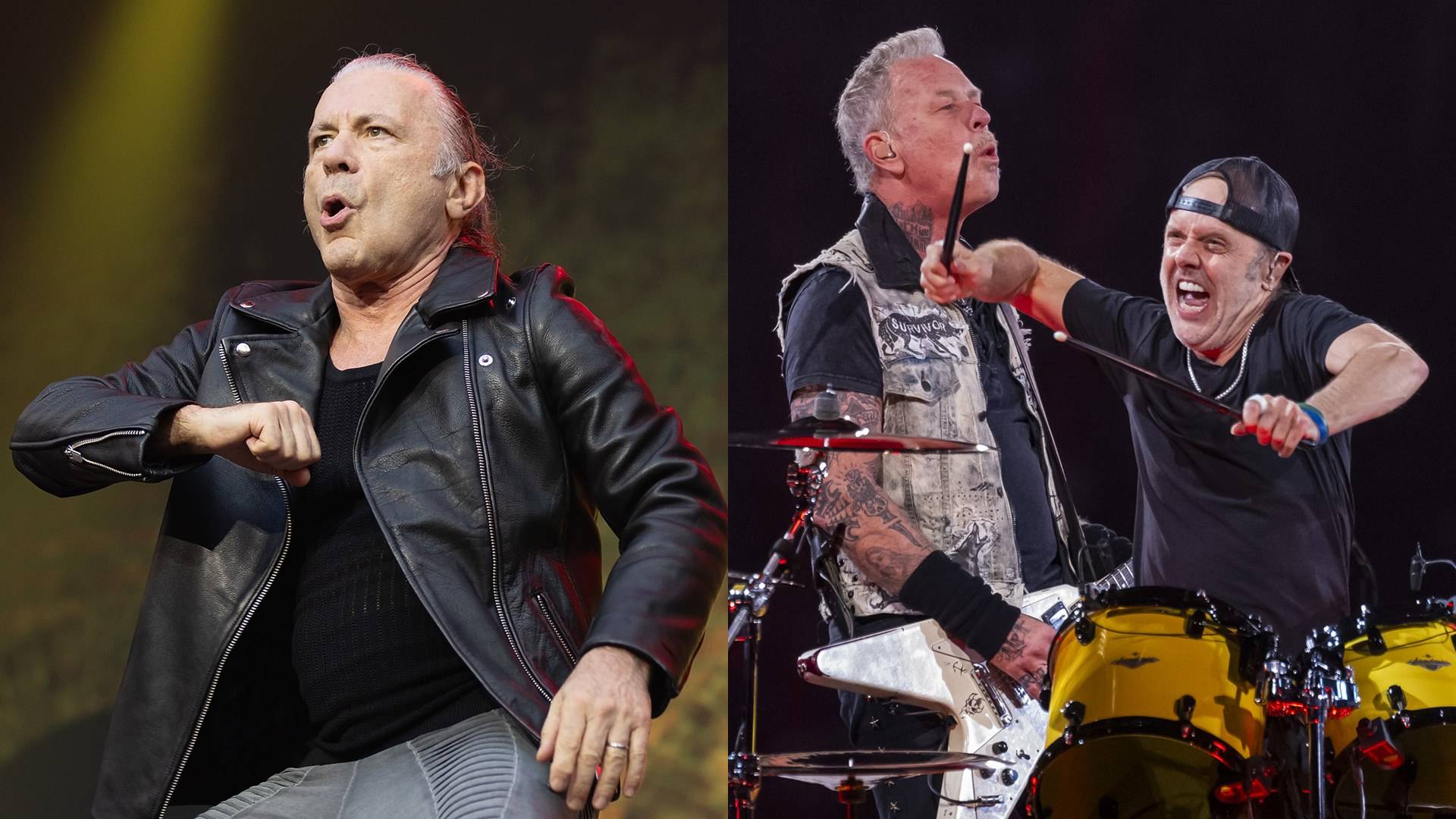 Bruce Dickinson, vocalista do Iron Maiden, e James Hetfield e Lars Ulrich, músicos do Metallica