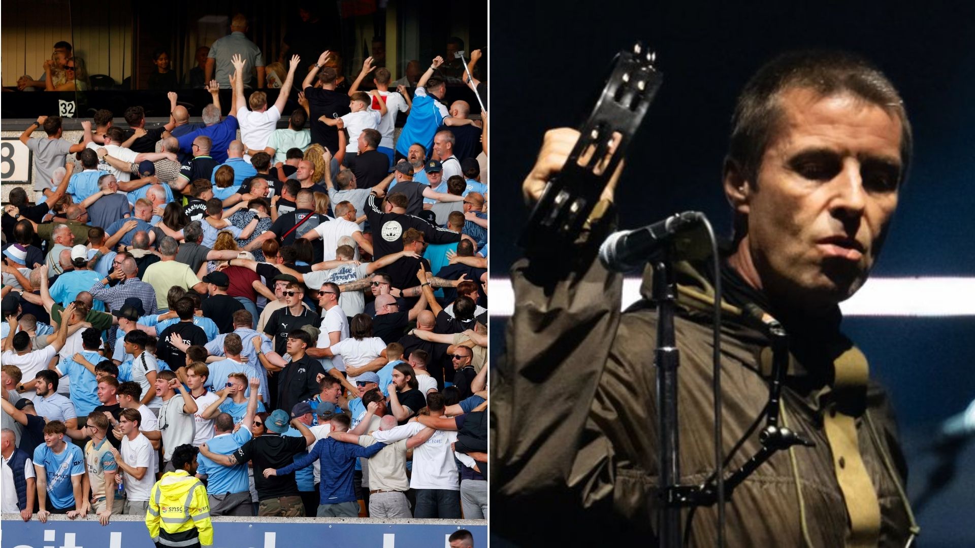Torcida do Manchester City fazendo o Poznan e Liam Gallagher