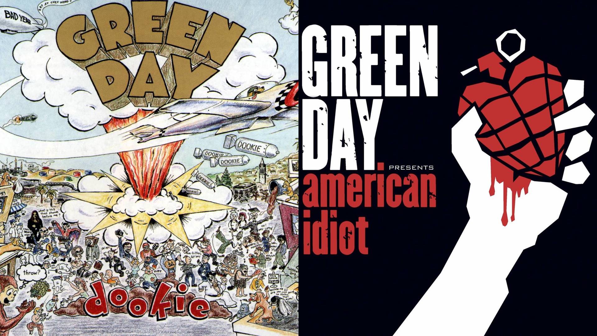 Capas dos álbuns Dookie e American Idiot, do Green Day