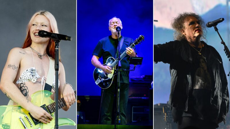 Rhian Tisdale, do Wet Leg, David Gilmour e Robert Smith, do The Cure (Fotos: Jim Bennett/Getty Images, Francesco Prandoni/Getty Images e Daniel Boczarski/Getty Images)