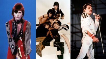 David Bowie (Foto: Gijsbert Hanekroot/Redferns); The Rolling Stones (Foto: Michael Ochs Archives/Getty Images); Freddie Mercury, vocalista do Queen (Foto: Pete Still/Redferns)
