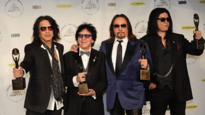 Paul Stanley, Peter Criss, Ace Frehley e Gene Simmons, lendários integrantes do Kiss (Foto: Bobby Bank/Getty Images)
