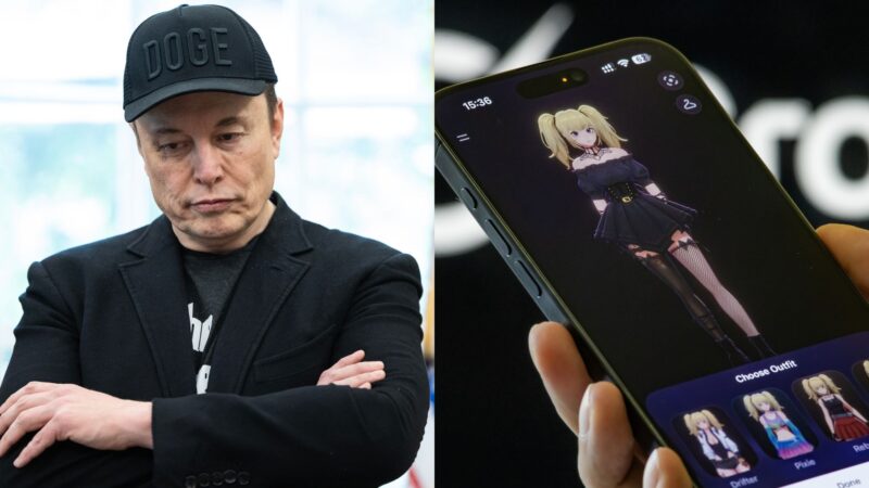Elon Musk e aplicativo Grok com a personagem virtual Ani (Fotos: Tom Brenner For The Washington Post via Getty Images e Cheng Xin/Getty Images)