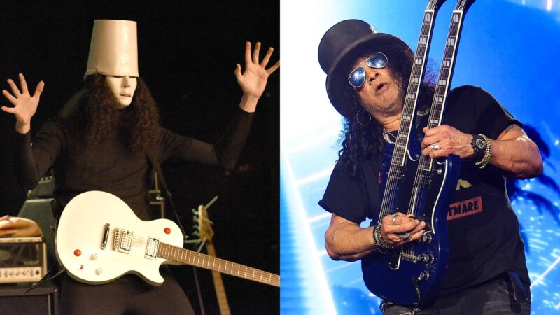 Buckethead e Slash, guitarristas vinculados ao Guns N' Roses (Fotos: Tim Mosenfelder e Kevin Mazur / Getty Images)
