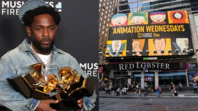 Kendrick Lamar e billboard promocional de "South Park" (Fotos: Jeff Kravitz/FilmMagic e Craig T Fruchtman/Getty Images)