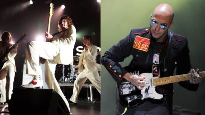 Thomas Raggi em apresentação do Måneskin em 2023 (à esquerda) e Tom Morello em show de 2010 (à direita). (Fotos: Monica Schipper/Getty Images for Spotify e Tim Mosenfelder/Getty Images)