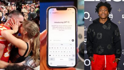 Da esquerda para a direita: Travis Kelce e Taylor Swift ChatGPT do OpenAI e o streamer iShowSpeed (Fotos: Ezra Shaw, Smith Collection/Gado e Jordan Peck/Getty Images)
