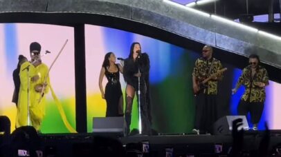 Dua Lipa e Carlinhos Brown no palco do estádio Morumbis, em São Paulo