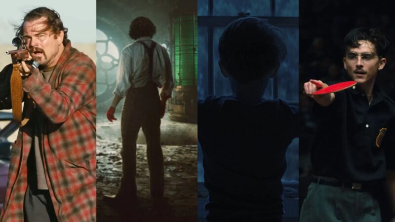 Leonardo DiCaprio em "Uma Batalha Após a Outra", Oscar Isaac em "Frankenstein", cena de "A Hora Do Mal" e Timothée Chalamet em "Marty Supreme" (Fotos: Divulgação)