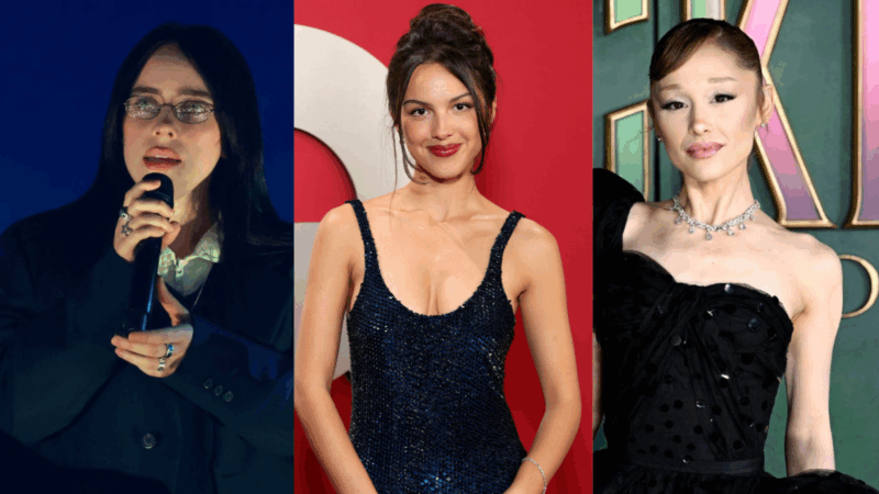 Da esquerda para a direita, Billie Eilish, Olivia Rodrigo e Ariana Grande
