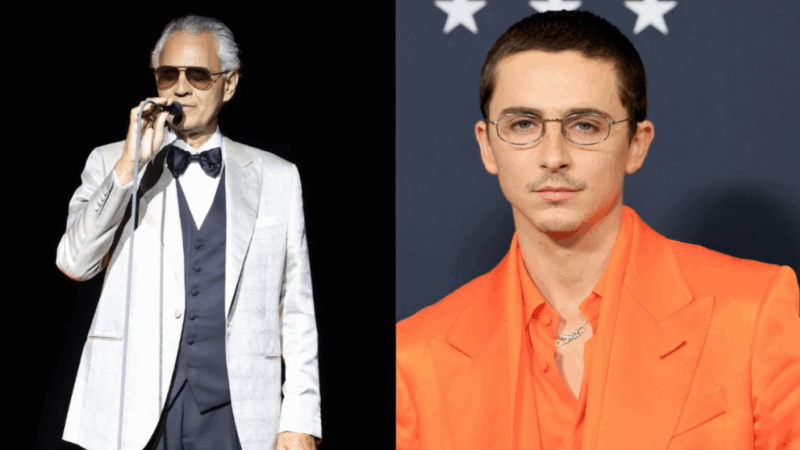 À esquerda, Andrea Bocelli, e à direita, Timothée Chalamet