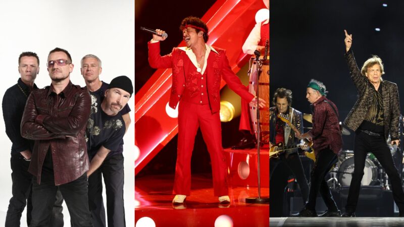 U2, Bruno Mars e Rolling Stones (Fotos: Andy Willsher/Redferns, Frazer Harrison/Getty Images e Kevin Mazur/Getty Images)