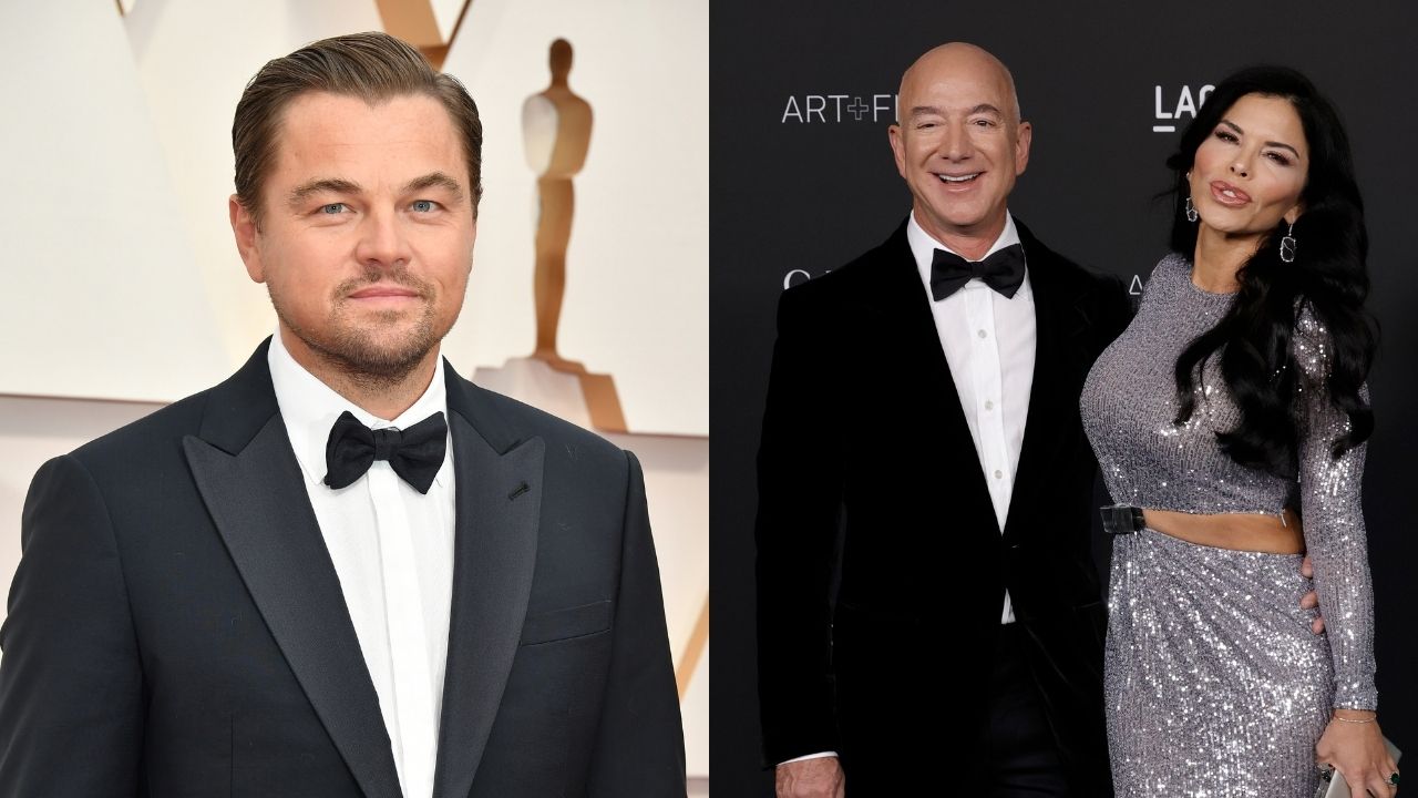 Jeff Bezos e Lauren Sanchez (Foto: Frazer Harrison/Getty Images) e Leonardo DiCaprio (Foto: Amy Sussman/Getty Images)