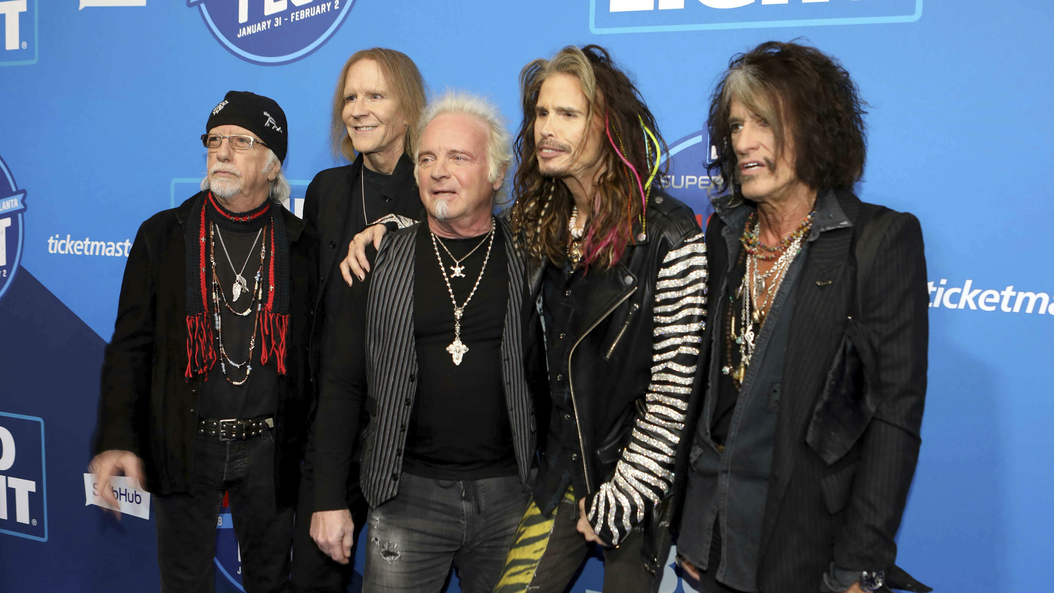 Steven Tyler, Tom Hamilton, Joey Kramer, Joe Perry e Brad Whitford, do Aerosmith (Foto: Robb Cohen/Invision/AP)