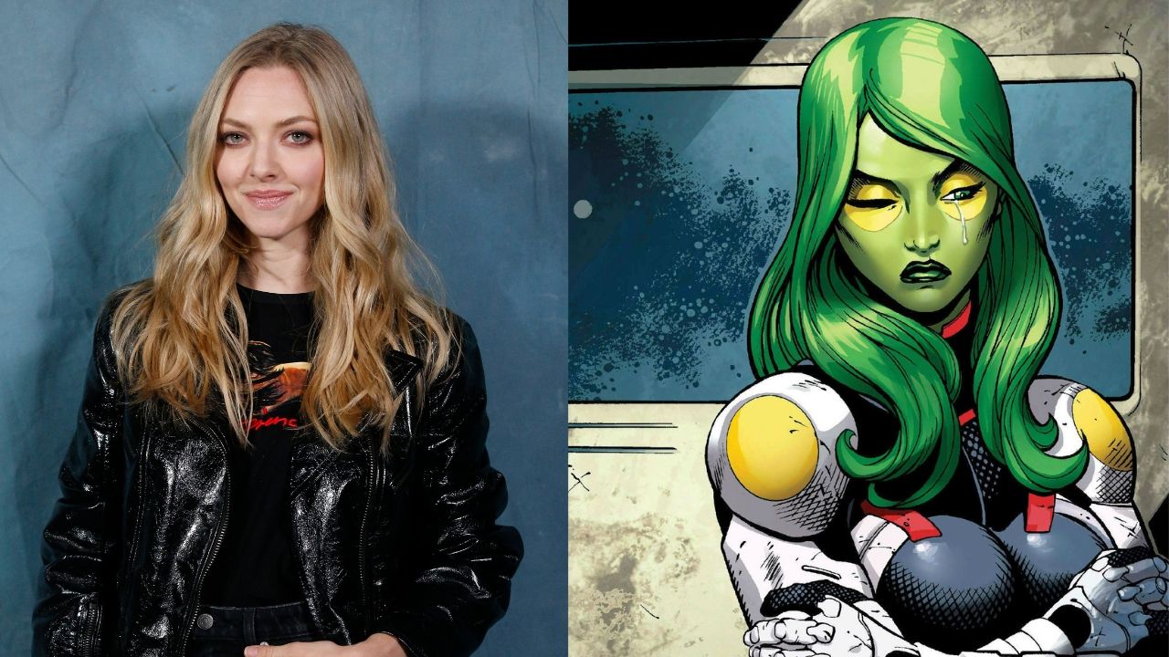 Amanda Seyfried e Gamora nos quadrinhos (Foto 1: Thibault Camus/AP | Foto 2: Reprodução)