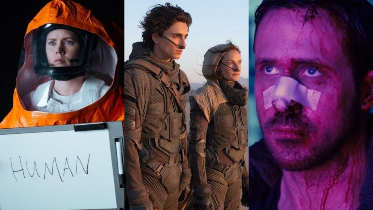Amy Adams em A Chegada, Timothée Chalamet e Rebecca Ferguson em Duna e Ryan Gosling em Blade Runner 2049 (Fotos: Divulgação)