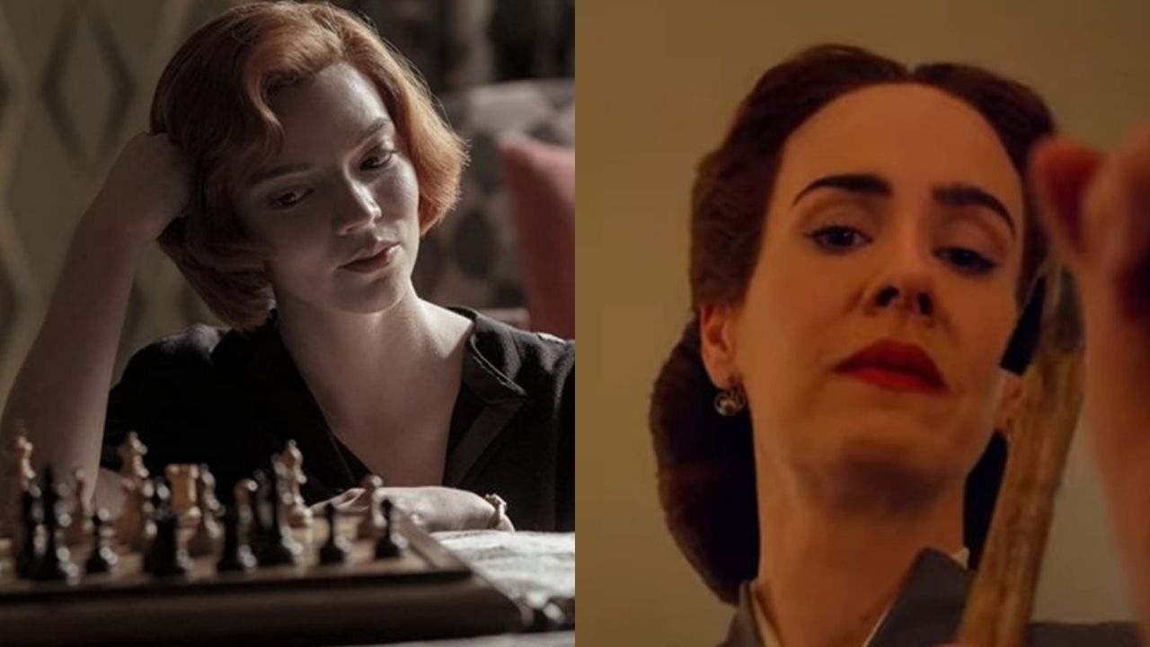 Anya Taylor-Joy em O Gambito da Rainha (Foto: Reprodução) e Sarah Paulson em Ratched (Foto: Divulgação/Netflix)