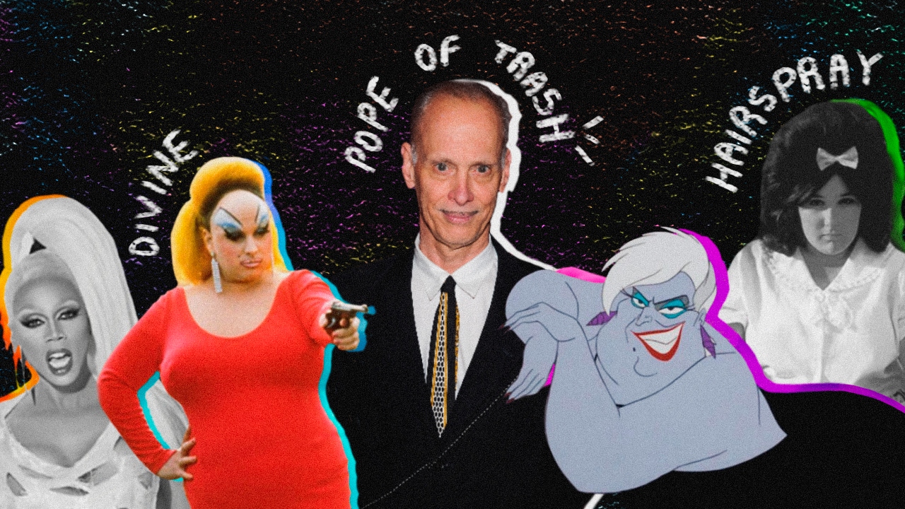 Arte: Julia Harumi Morita. Montagem com RuPaul,  Divine (Fotos: Reprodução), John Waters (Foto: Getty / Images / Dimitrios Kambouris / Equipe), A Pequena Sereia  e Hairspray (Fotos: Reprodução)