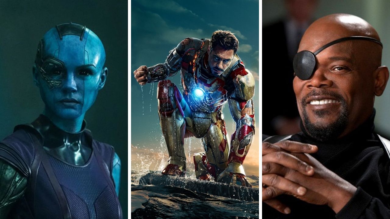 Karen Gillan em Guardiões da Galáxia, Robert Downey Jr. em Homem de Ferro 3 e Samuel L. Jackson como Nick Fury (Fotos 1 e 3: Reprodução / Disney e Foto 2: Divulgação / Marvel)