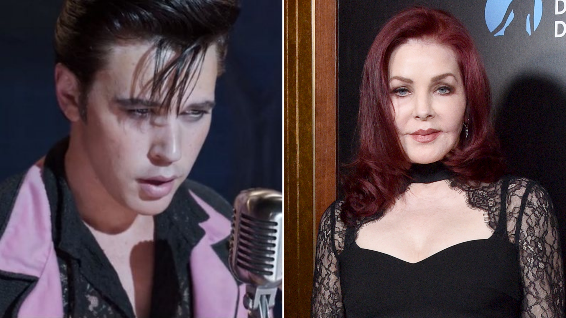 Austin Butler como Elvis Presley em Elvis (Foto: Reprodução / Twitter) | Priscilla Presley (Foto: Gregg DeGuire / Getty Images)