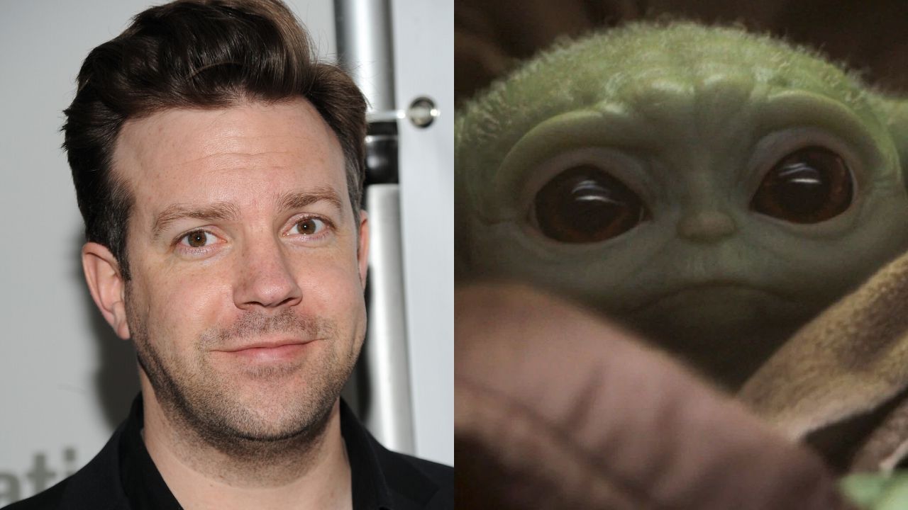 Jason Sudeikis e Baby Yoda (Foto 1: Reprodução/ Lucasfilm Foto 2: AP Photo/Evan Agostini)