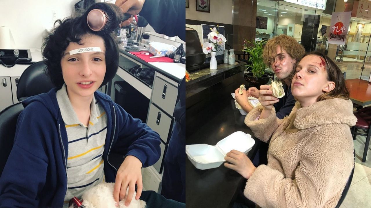 Finn Wolfhard (esquerda), Dacre Montgomery e Millie Bobby Brown (Direita) nos bastidores de Stranger Things 3 (Foto: Reprodução / Instagram)