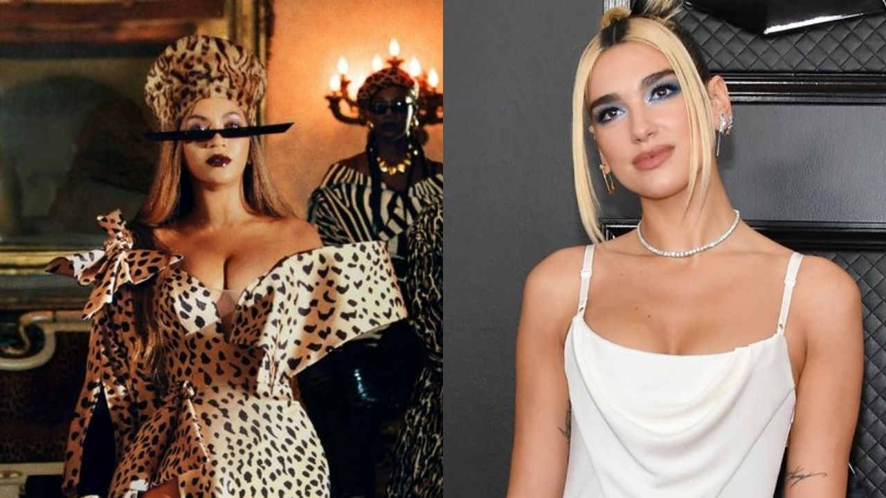 Beyoncé em Black is King (Foto: Divulgação) e Dua Lipa (Foto: Amy Sussman/Getty Images)