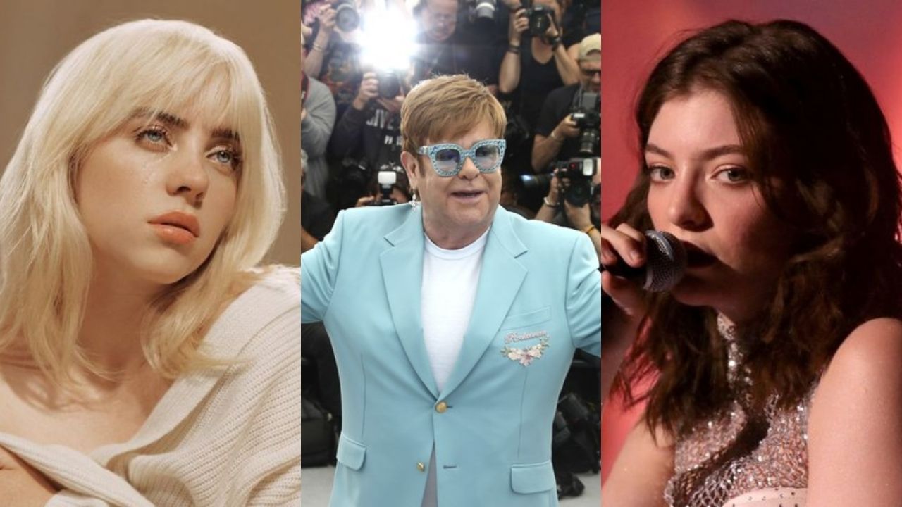 Billie Eilish (Foto: Divulgação), Elton John (Foto:Joel C Ryan/Invision/AP) e Lorde (Foto: Getty Images /Christopher Polk)
