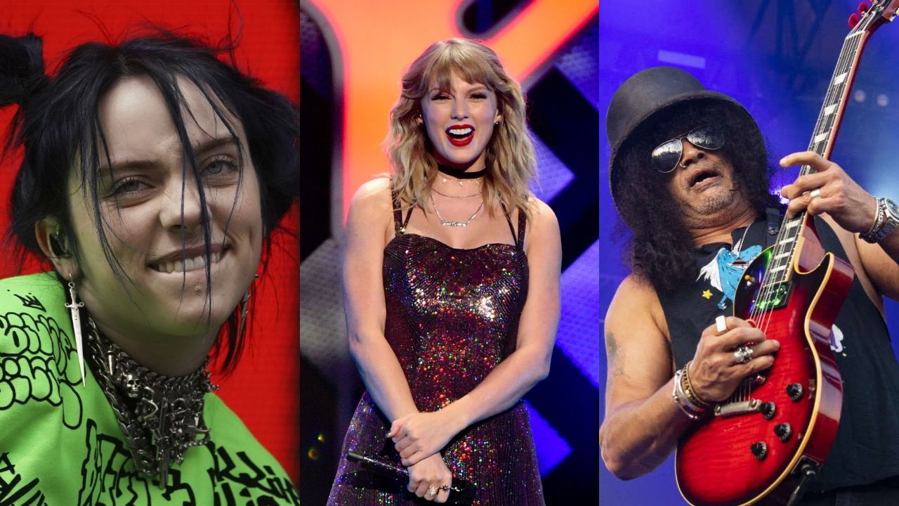 Billie Eilish (Foto: Jordan Strauss/Invision/AP), Taylor Swift (Foto: Evan Agostini/Invision/AP) e Slash do Guns N'Roses (Foto: Amy Harris / Invision / AP)